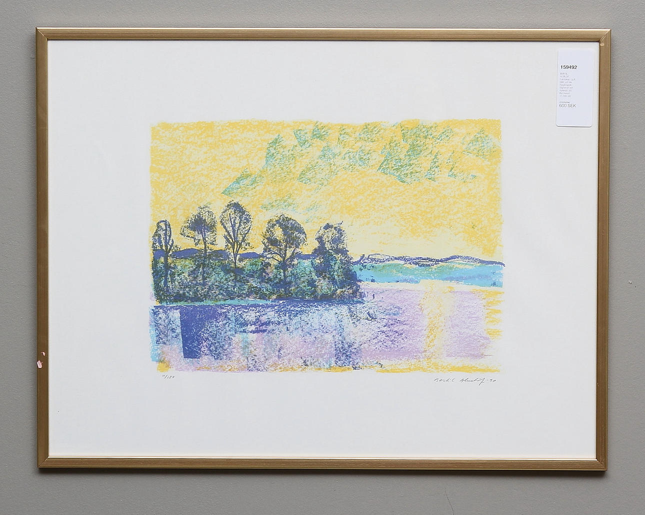 BERTIL ALMLÖF. Landskap i gult, blått och lila. Färglitografi. Signerad och daterad -90. Numrerad 11/180.