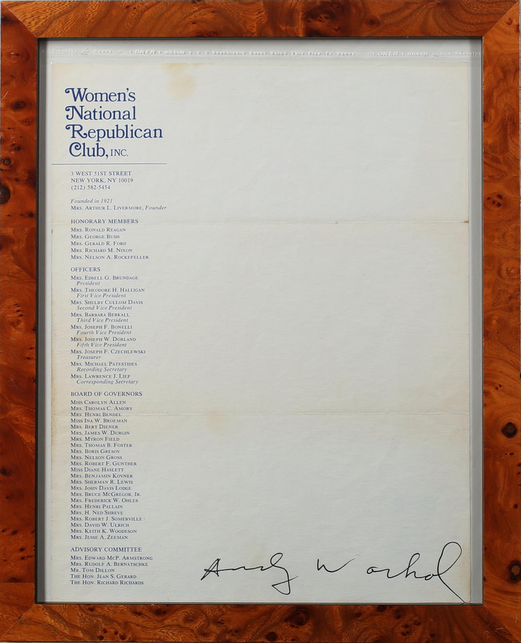 ANDY WARHOL. Womens National Republican club, inc New York. Offsettryck. Signerad.