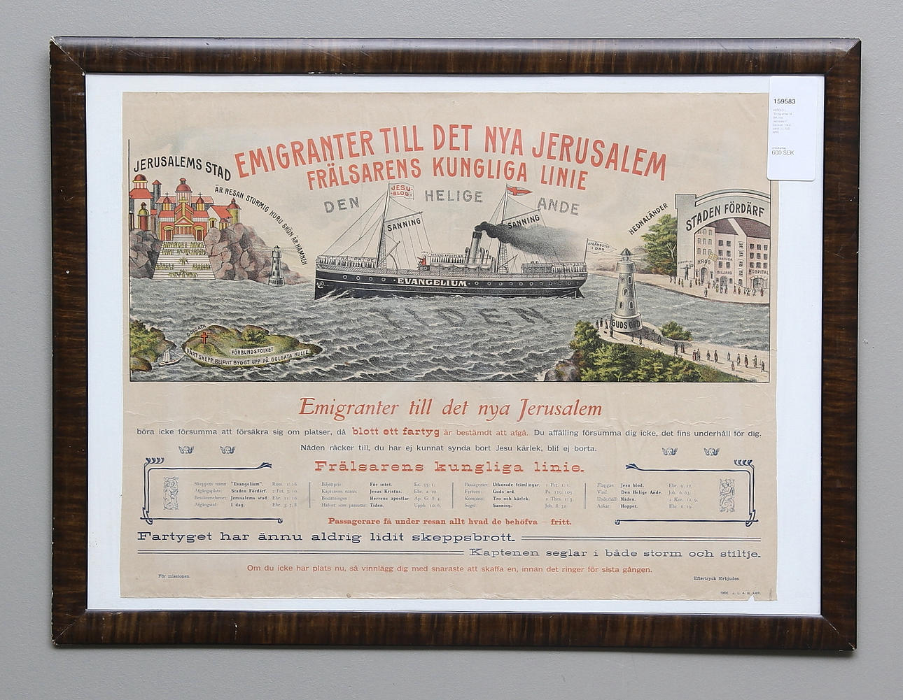AFFISCH, "Emigranter till det nya Jerusalem". Daterad 1902 samt J.L.A.B ARR.