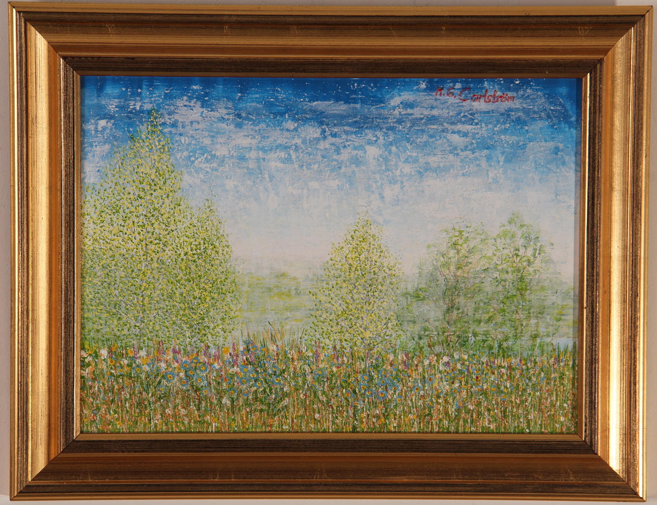 HÅKAN CARLSTRÖM. Olja på pannå, "förgätmigej", signerad.