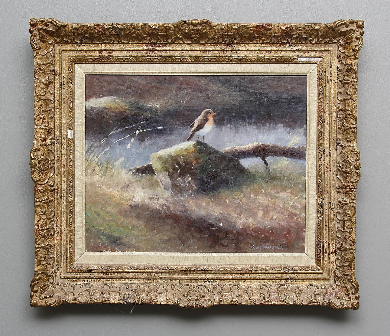 KNUT VALINDER. Rödhake på sten. Olja på duk. Signerad.