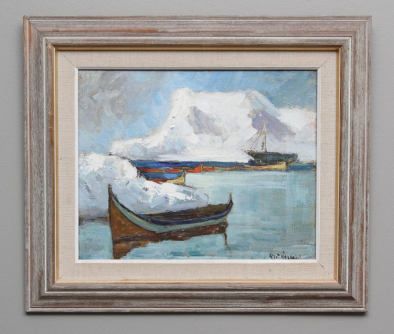 KNUT NORMAN. Motiv med båtar. Olja på pannå. Signerad.