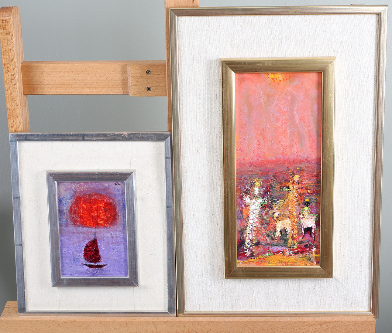 LAURI NILA. PARTI KONST, olja på duk fodrad på pannå, 2 st, signerade.