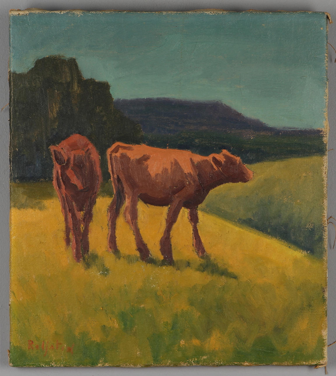 BERNHARD ROLFSTED. Kalvar på äng, olja på duk, signerad.