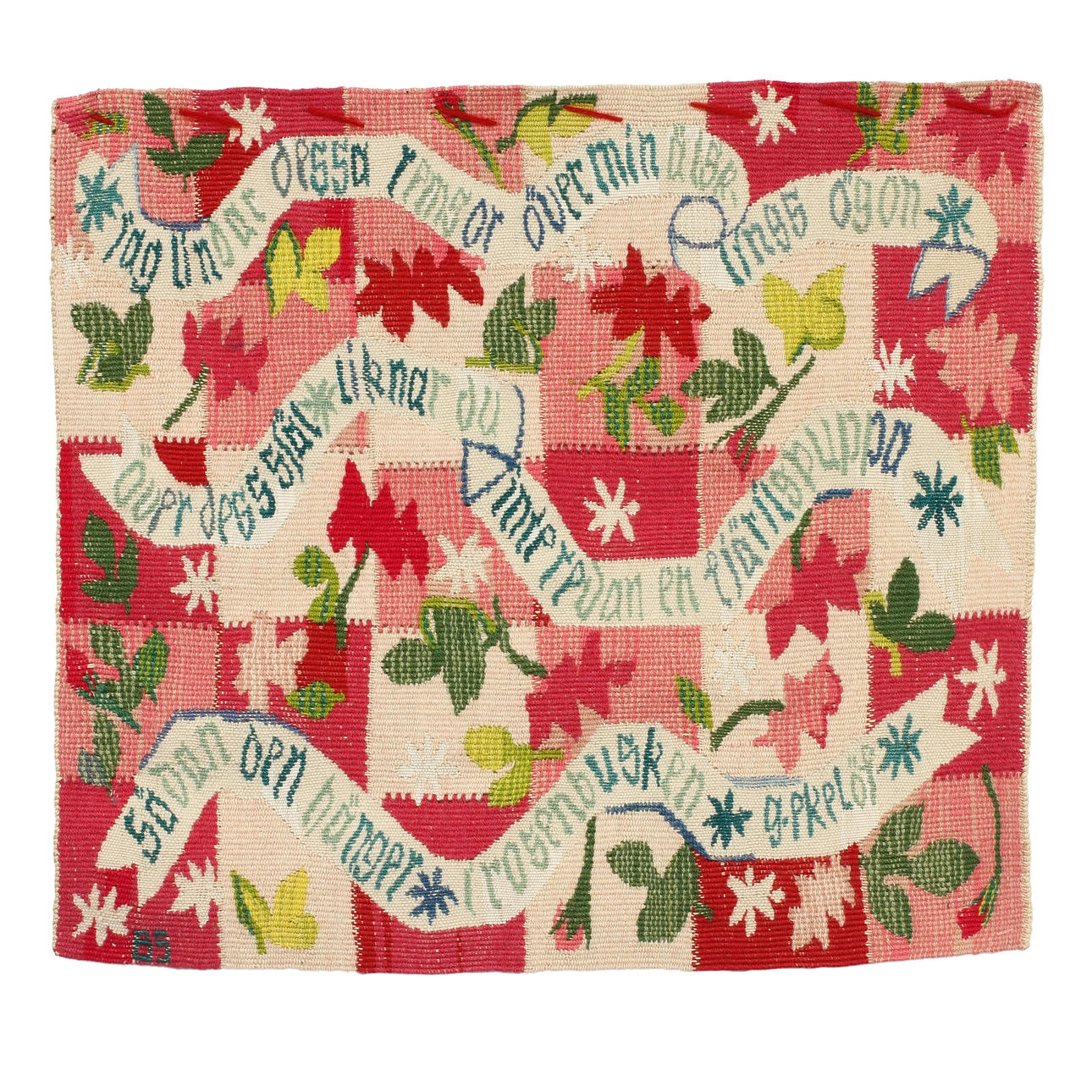 BARBRO SPRINCHORN. Vävnad "Rosor och banderoller", gobelängvariant, för Märta Måås-Fjetterström AB, Båstad. Signerad BS samt etikettmärkt a tergo.