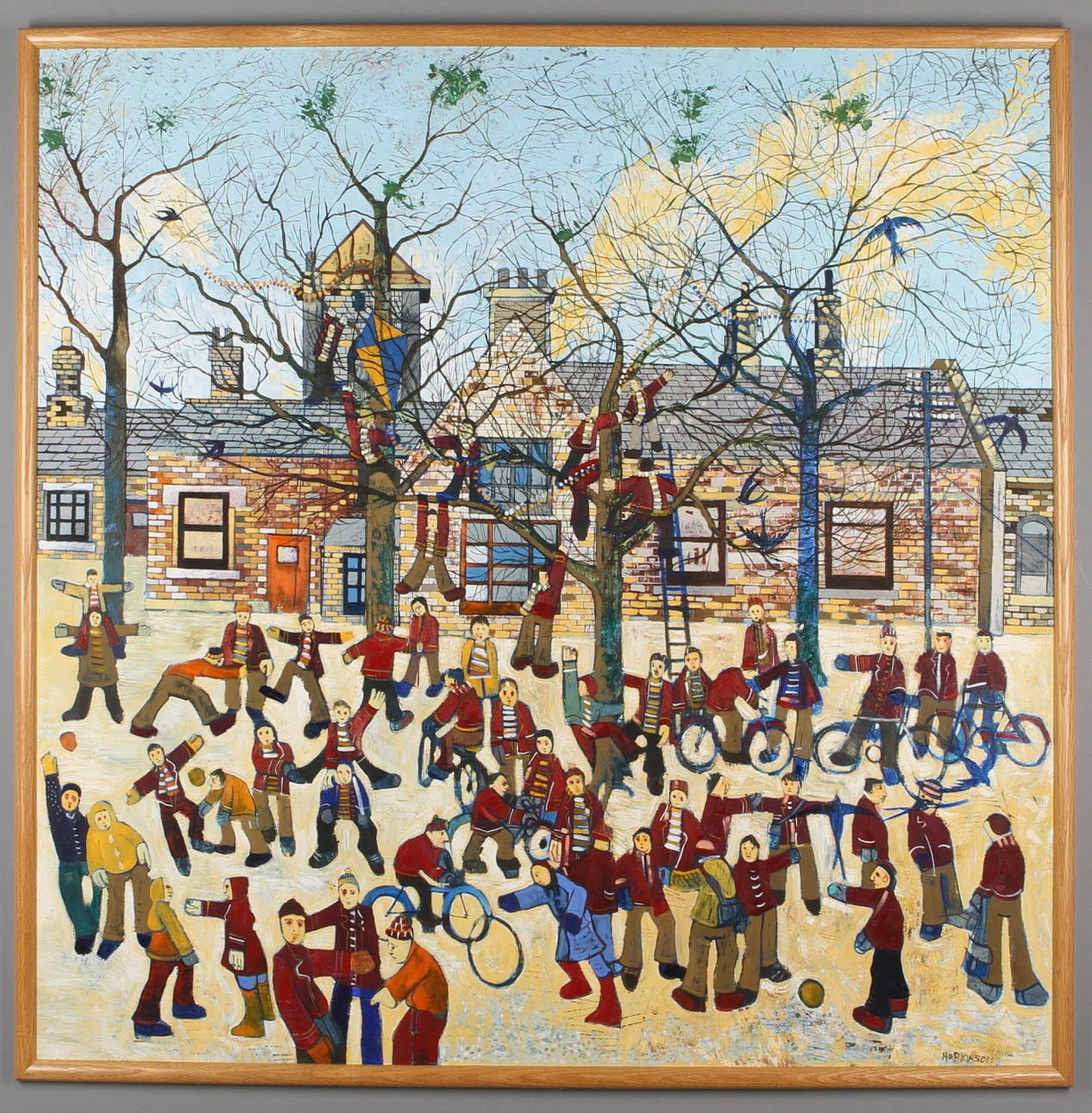 JOHN HOPKINSON. Skolgården, olja på pannå, signerad.