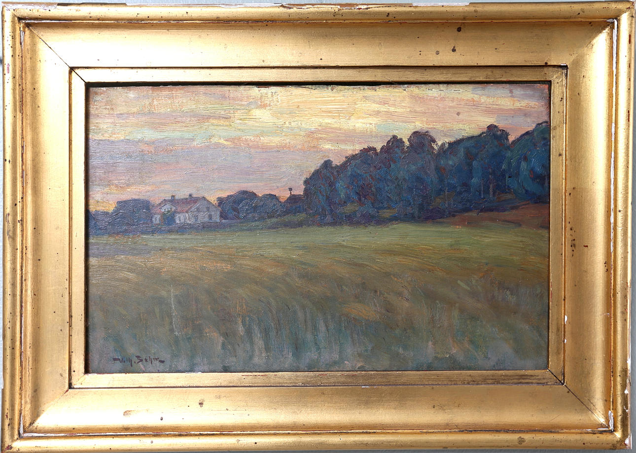 WILHELM BEHM. Landskapsmotiv från Huddinge, olja på pannå, signerad.