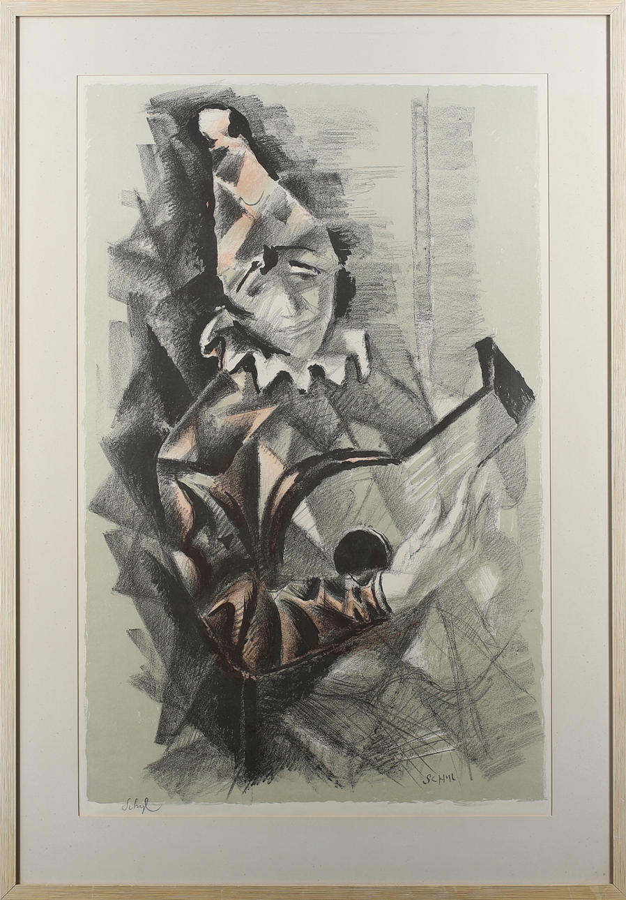 JULES SCHYL. Lustspelande Harlekin. Färglitografi. Signerad Schyl.