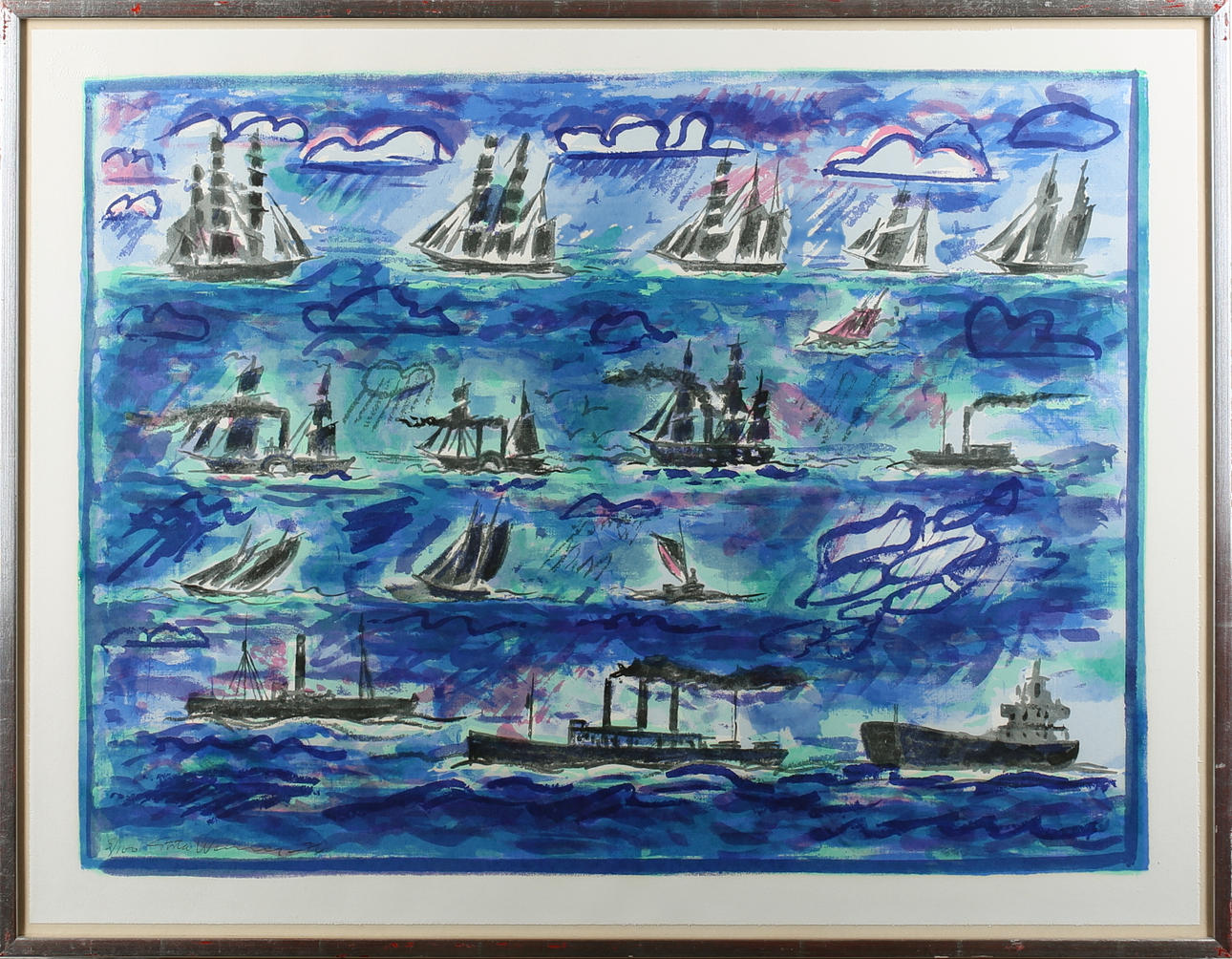 GÖSTA WERNER. Fartygsparad. Färglitografi. Signerad och daterad -76. 3/100.