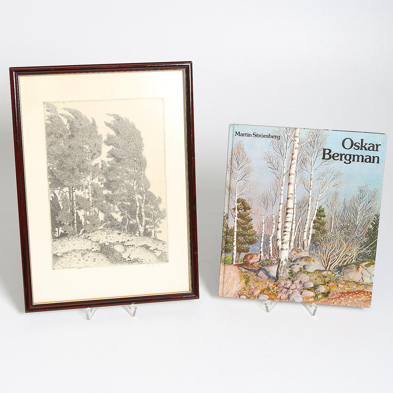 Etsning, "Björkar i blåst", signerad och daterad 1914, samt BOK.