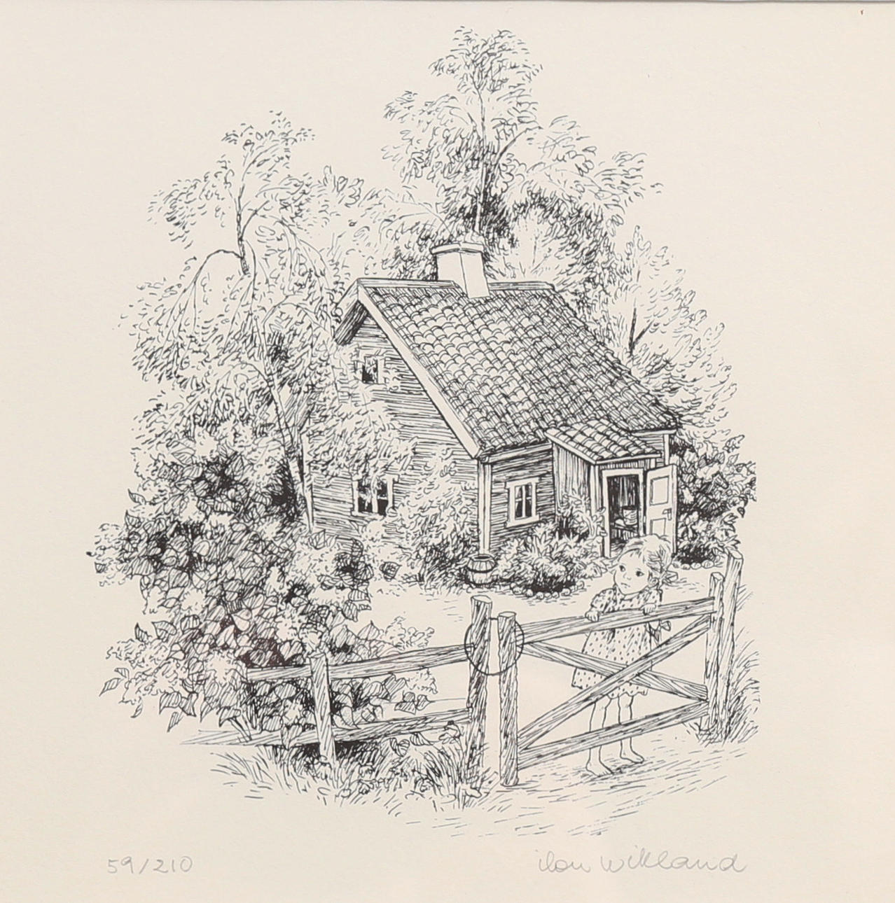 ILON WIKLAND. Waiting at the gate. Lithograph, signed and numbered 59/210.