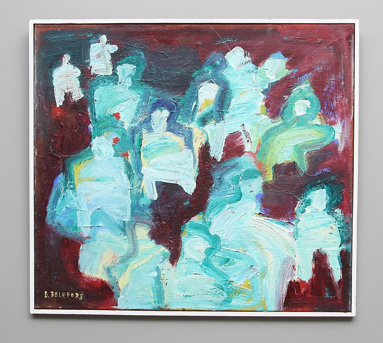BENGT DELEFORS. Figurer mot mörkrött. Olja på duk. Signerad B.Delefors.