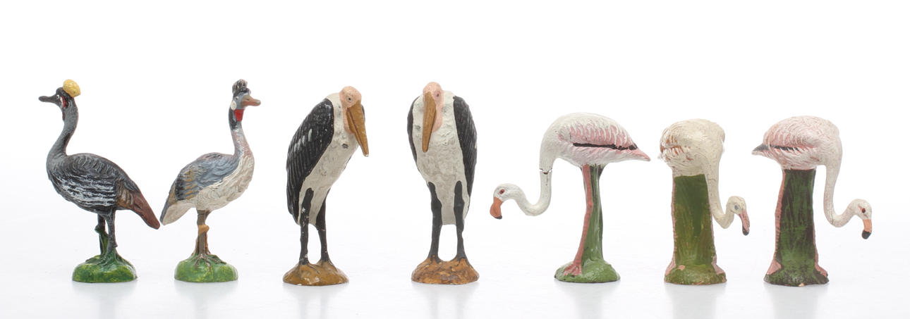 ELASTOLIN, LINEOL och TIPPLE-TOPPLE 7 fåglar. Krontrana, Maraboustork och Pelikan.