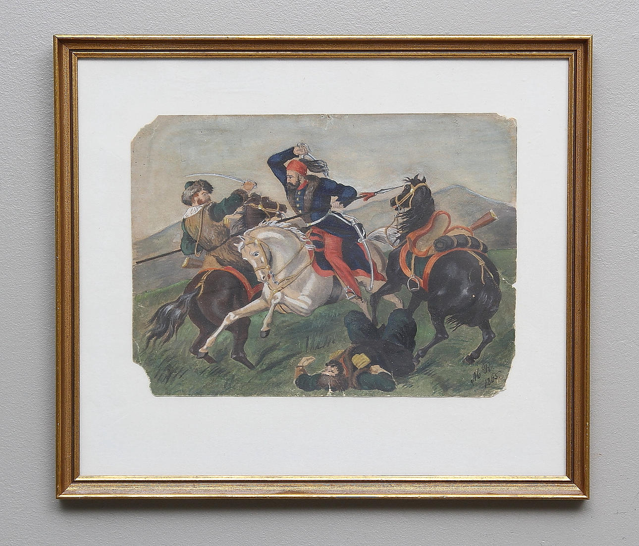 OKÄND KONSTNÄR. Orientalisk stridsscen. Gouache på papper. Signerad M.R samt daterad 1865.