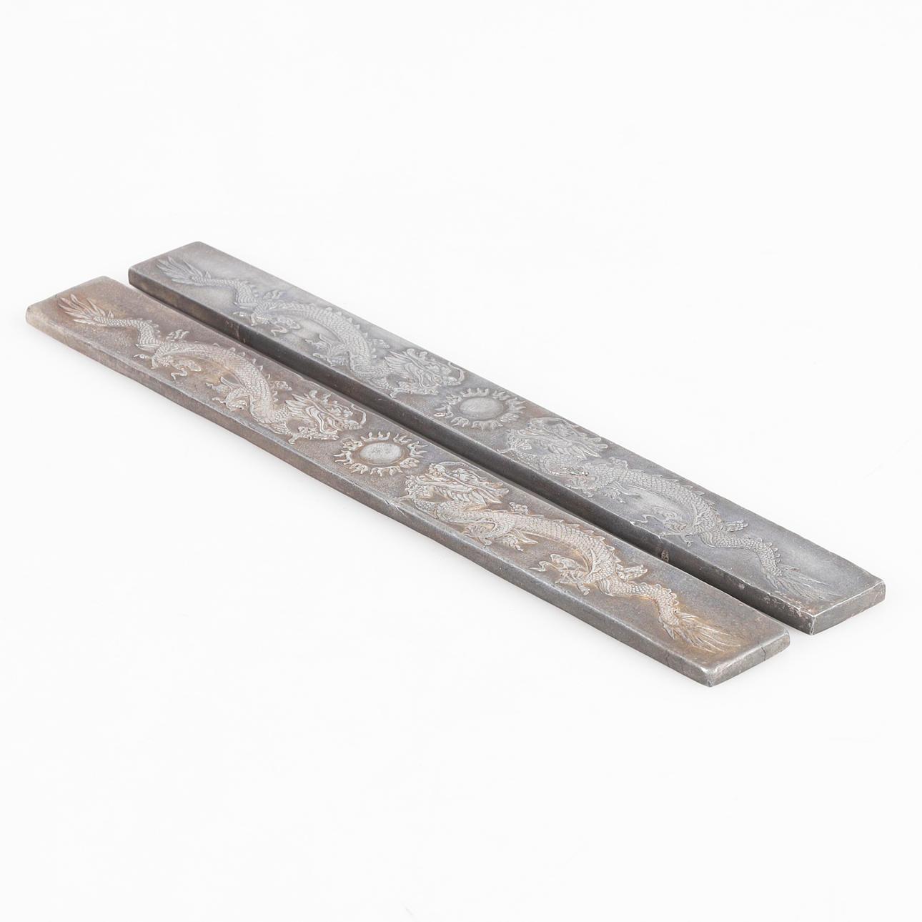 SCROLL WEIGHTS, 2, metal, China 20th century.