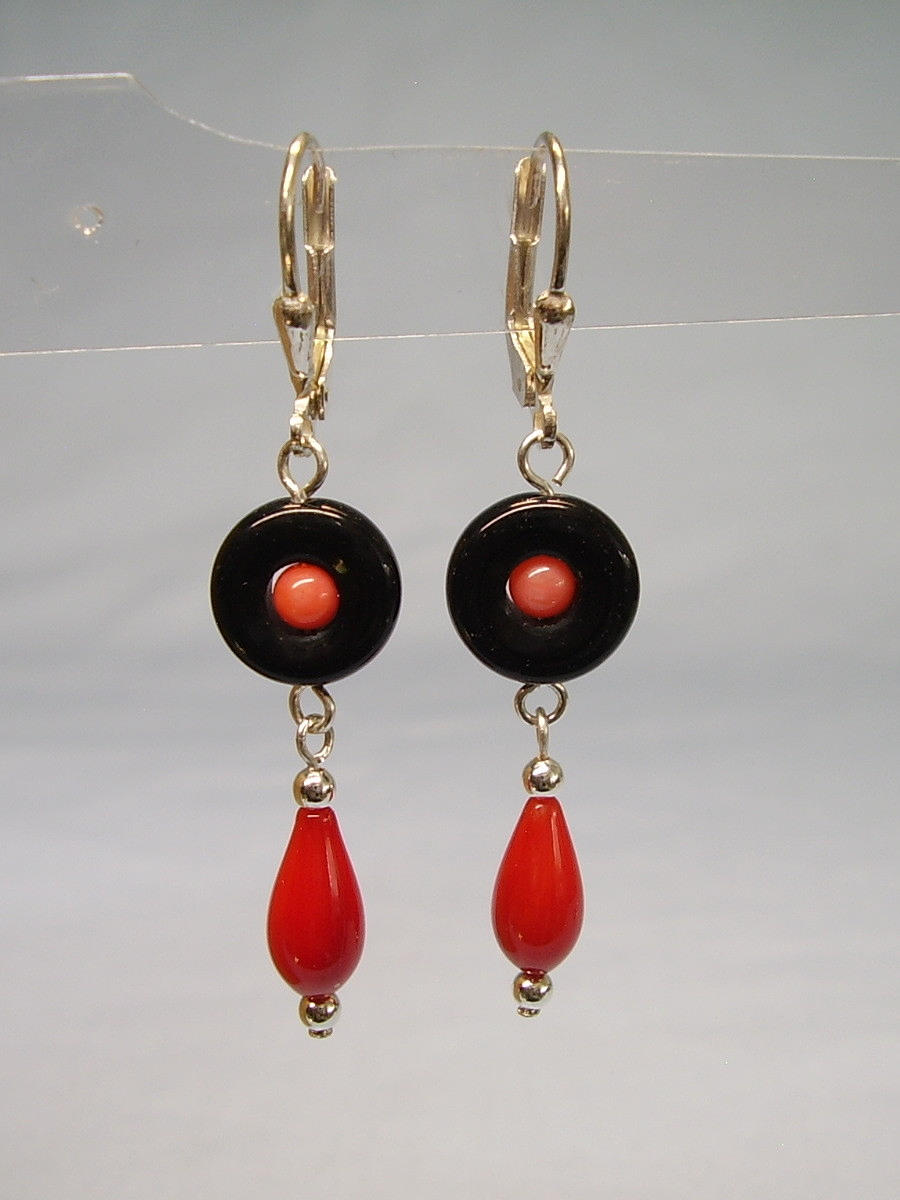 KORALLE - ONYX OHRRINGE SILBER 925.