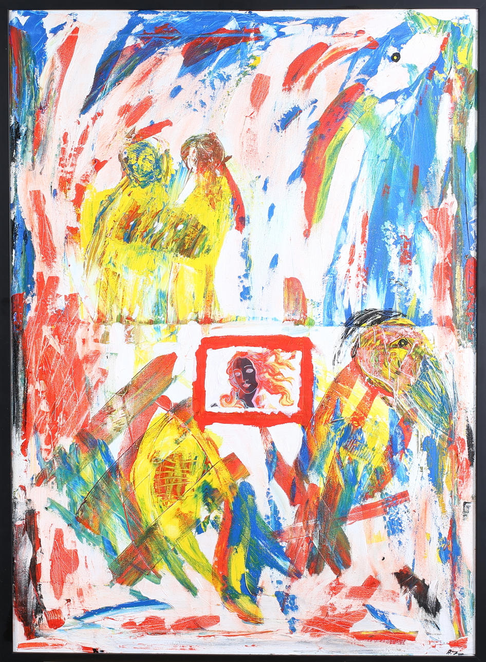 ANDERS JOHANSSON. "Fågel, fisk och mittemellan", Akryl/Blandteknik på duk,signerad.