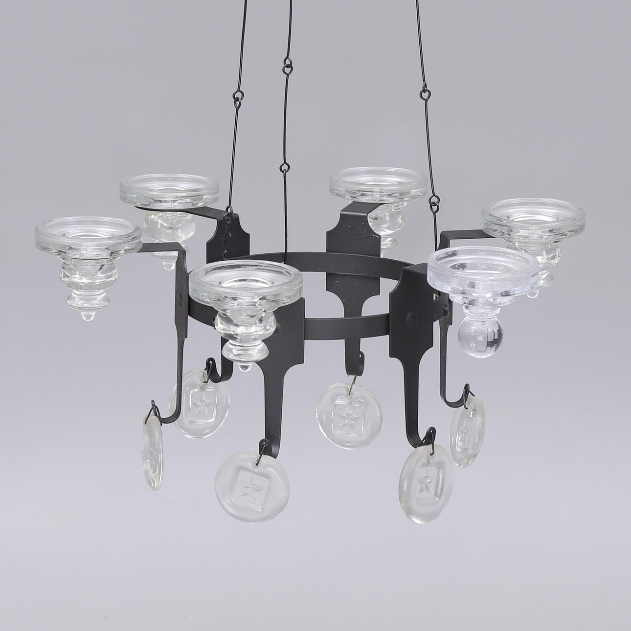 KRONLEUCHTER, Schmiedeeisen, Glas, 1900er Jahre.