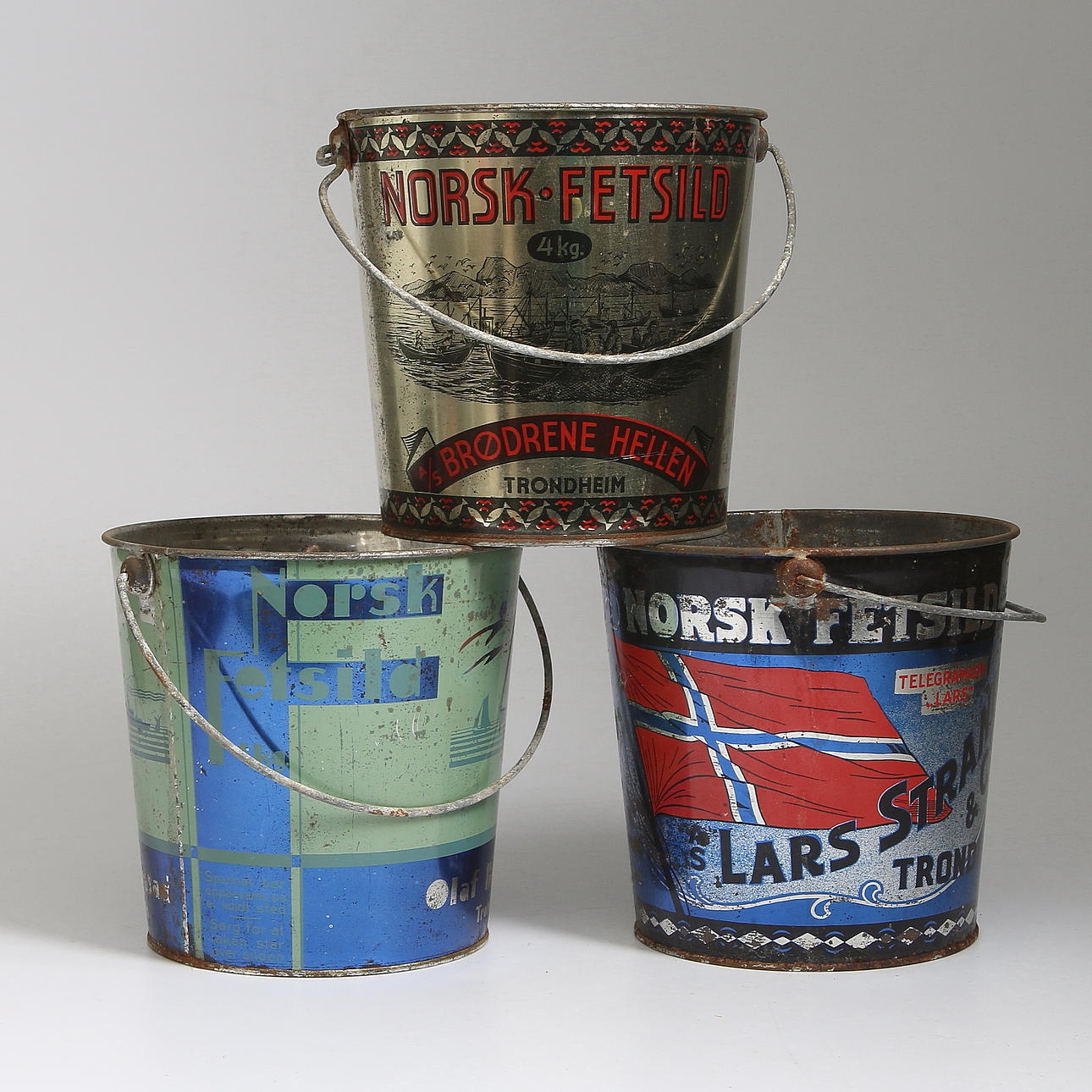 PLÅTHINKAR, 3 st, Norsk Fetsild, Trondheim.1900-talets mitt.
