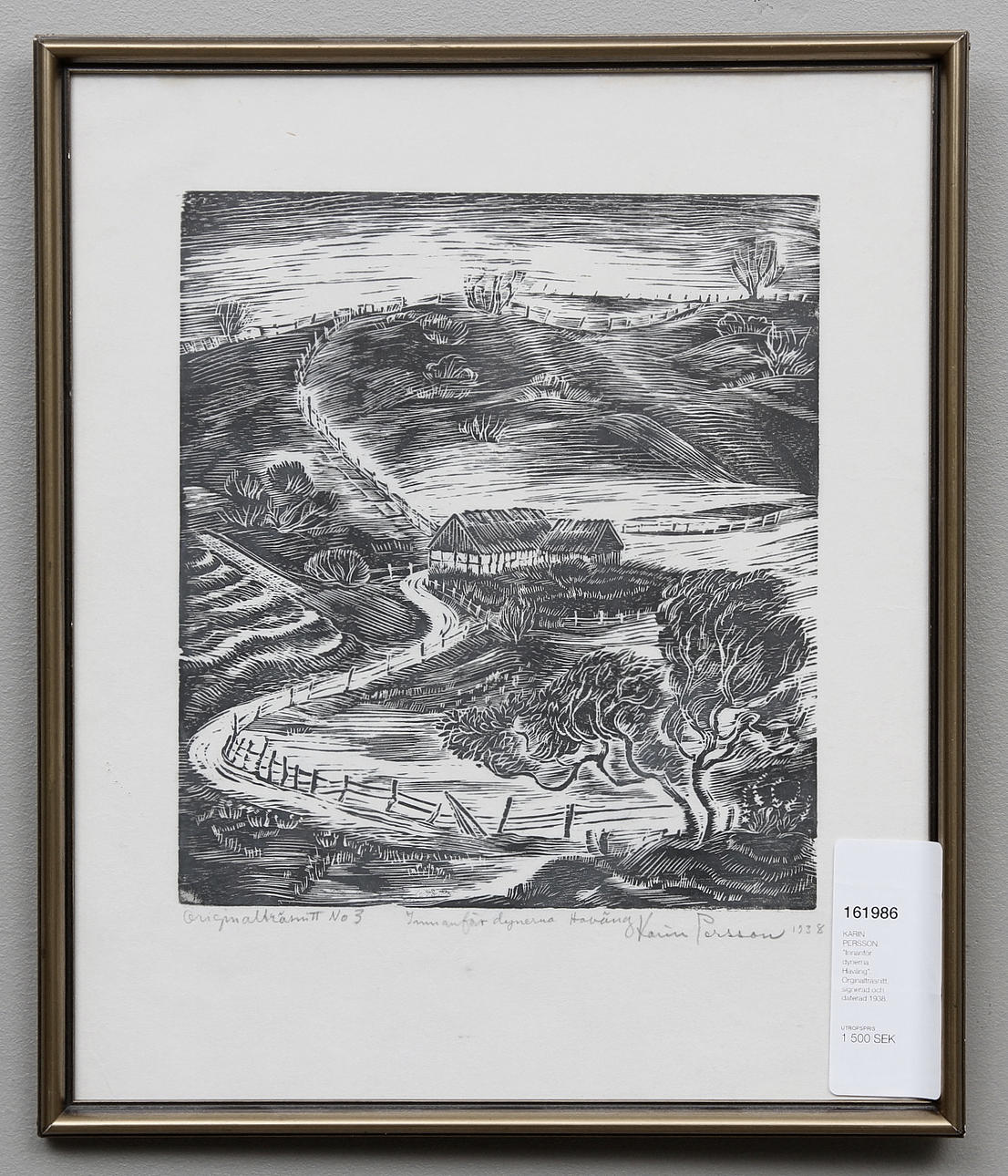 KARIN PERSSON. "Innanför dynerna Haväng". Orginalträsnitt, signerad och daterad 1938.