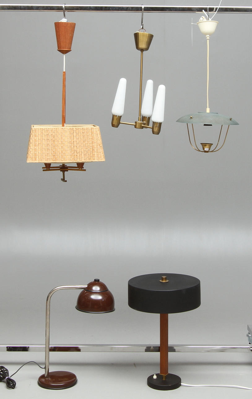 PARTI LAMPOR 5 st, bordslampor och taklampor, 1900-tal.
