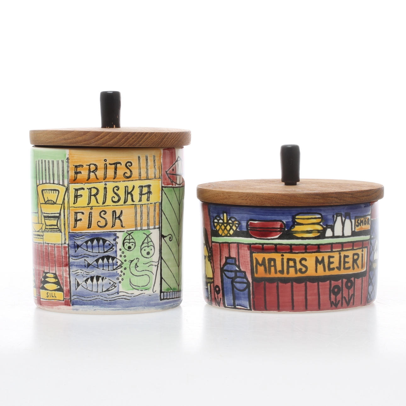 BURKAR, 2 st, keramik, "Vår lilla stad", Jie Gantofta, 1950/60-tal.