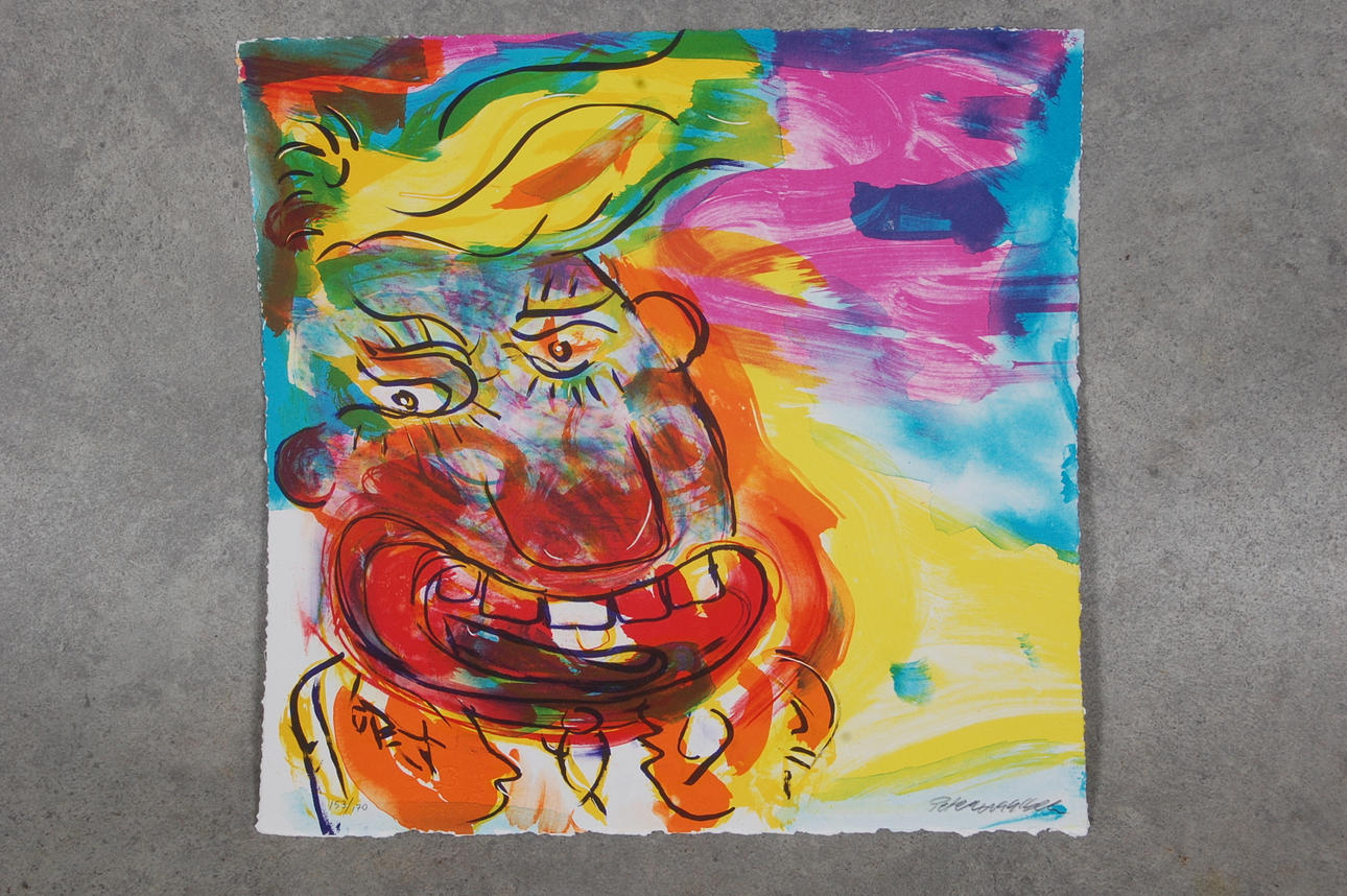 PETER WAHLBECK. Färglitografi, 153/170, säljes till förmån för hemlösas rätt till underkläder, " En kalsong för Pierre ".