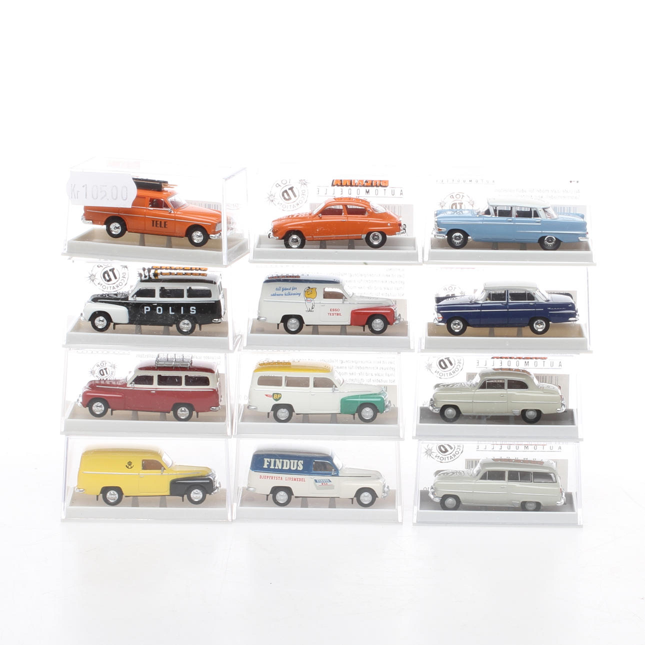 MODELLBILAR BREKINA 12 stycken. Passande svensk miljö. Bland annat Volvo duett. Originalkartong.
