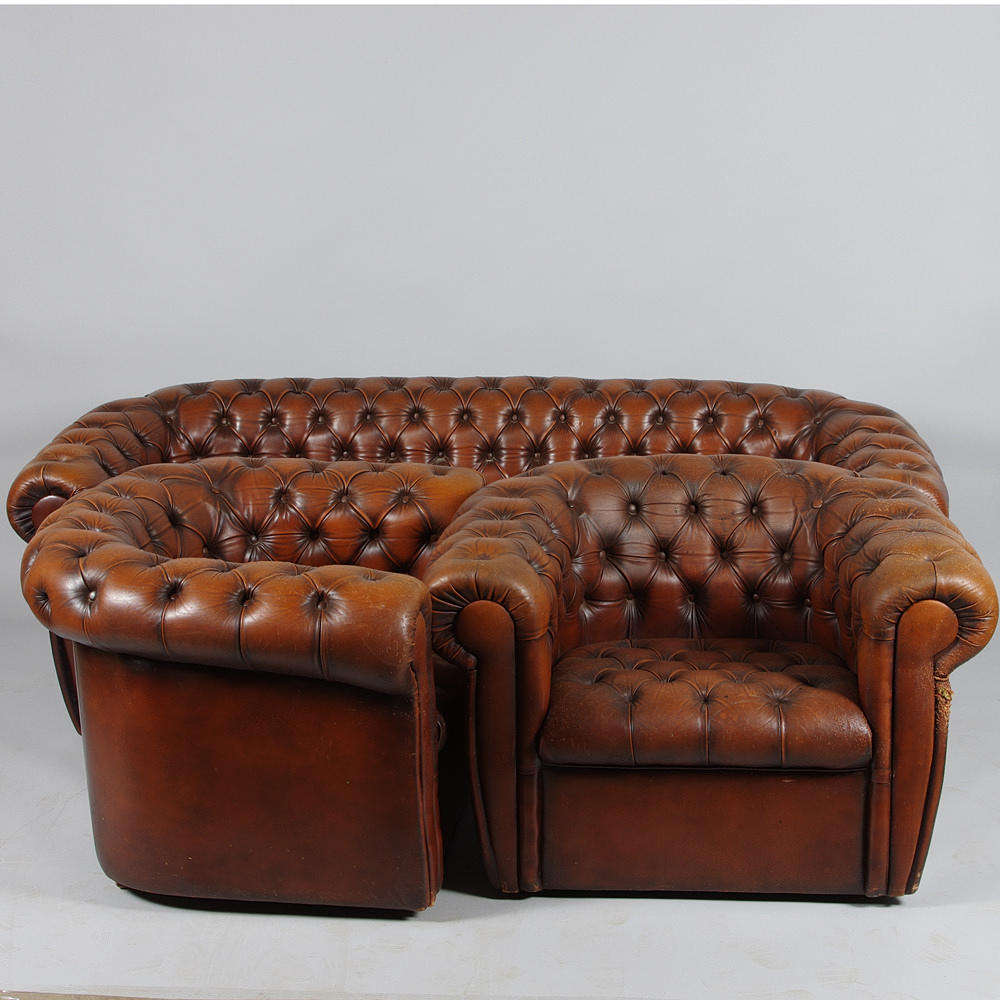 SOFFGRUPP, brunt skinn, chesterfield.