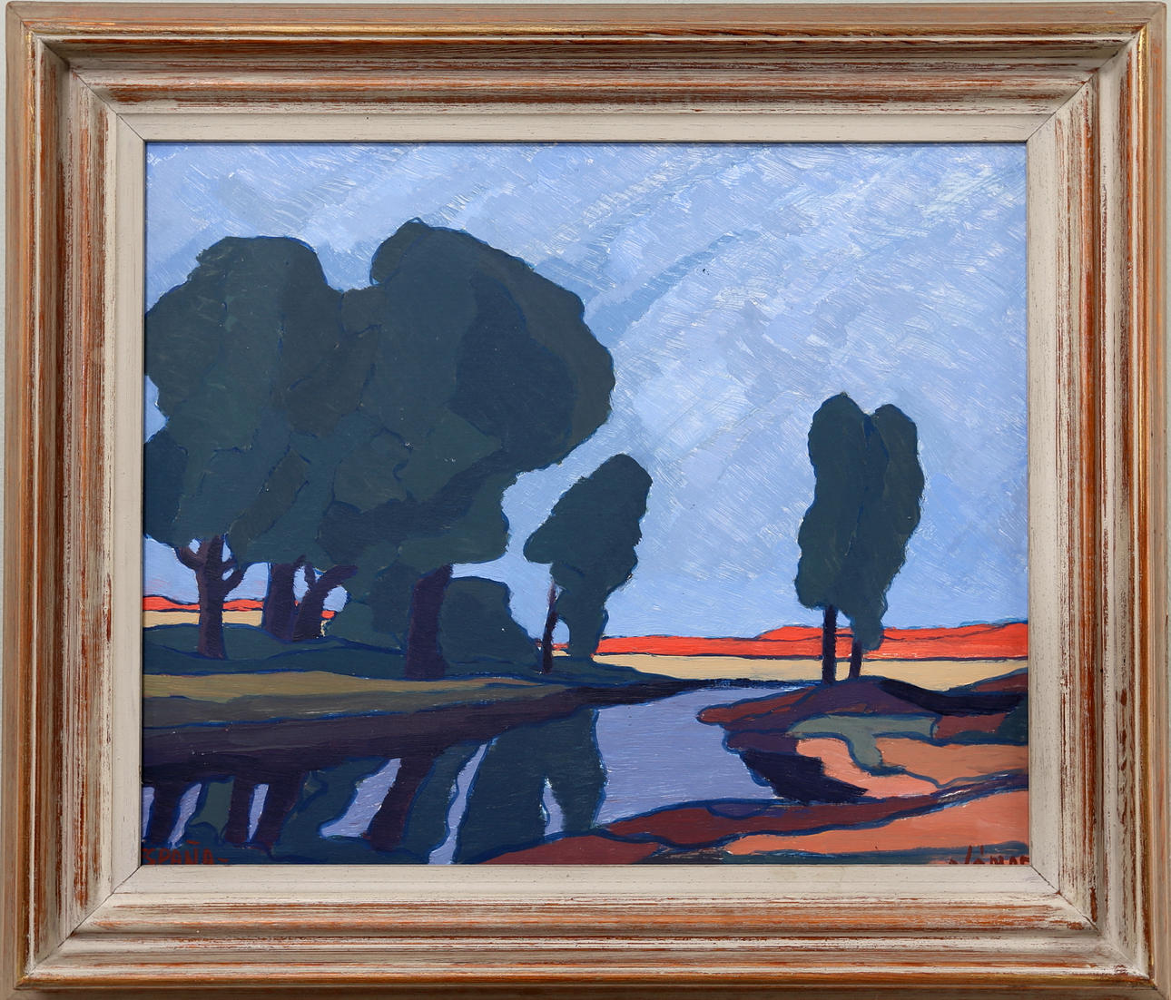 OKÄND KONSTNÄR. Flodlandskap, olja på pannå, signerad.