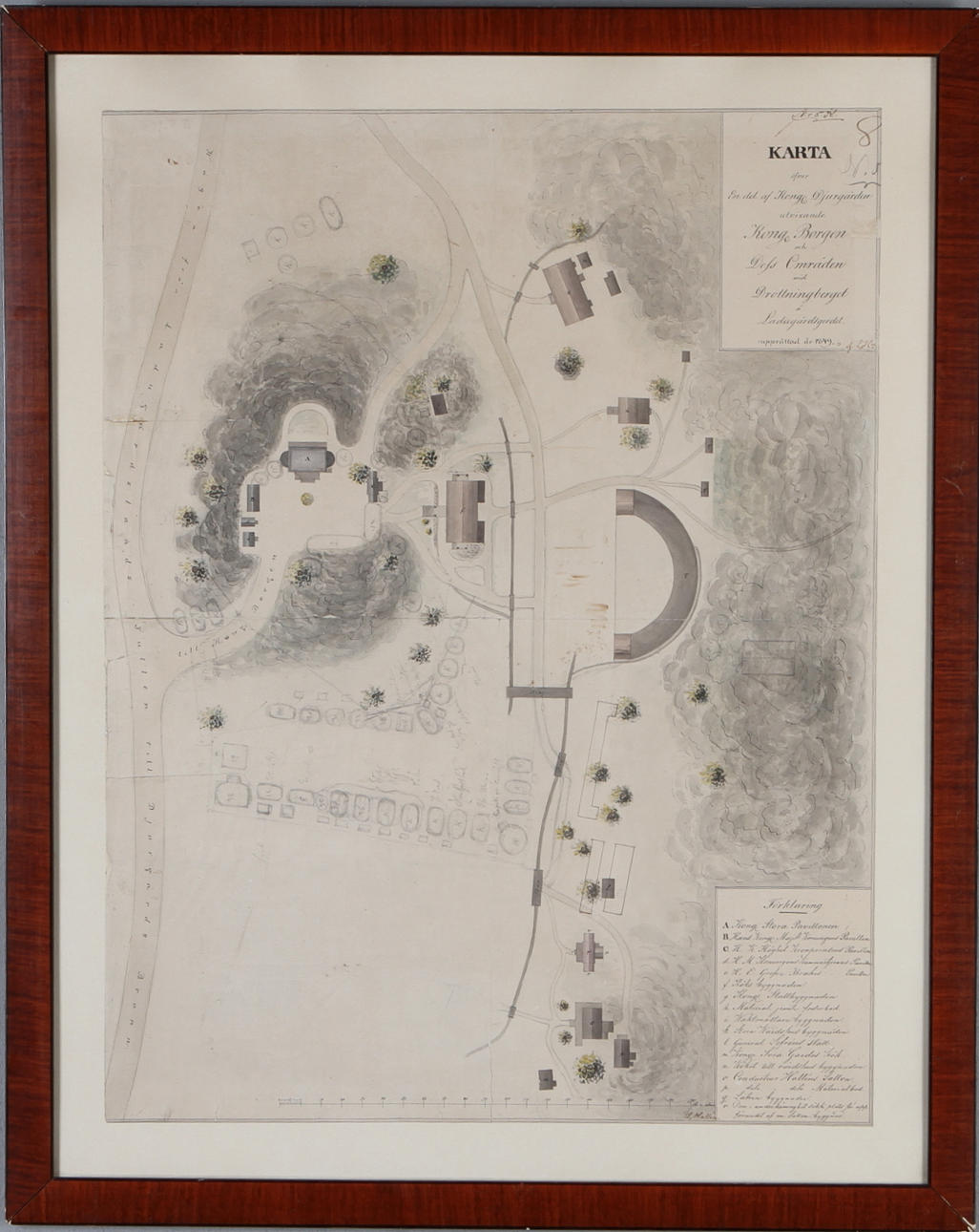 KARTA, "Karta öfver En del av Kongl. Djurgården...", handritad och kolorerad.