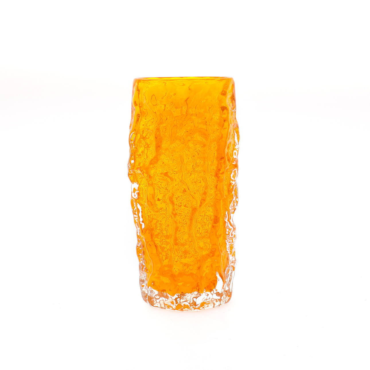 A WHITEFRIARS TANGERINE GLASS BARK FINISH VASE.