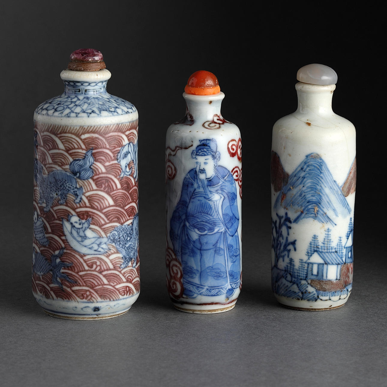 SNUSFLASKOR, 3 st., porslin, Kina, Qing, 1800-tal.