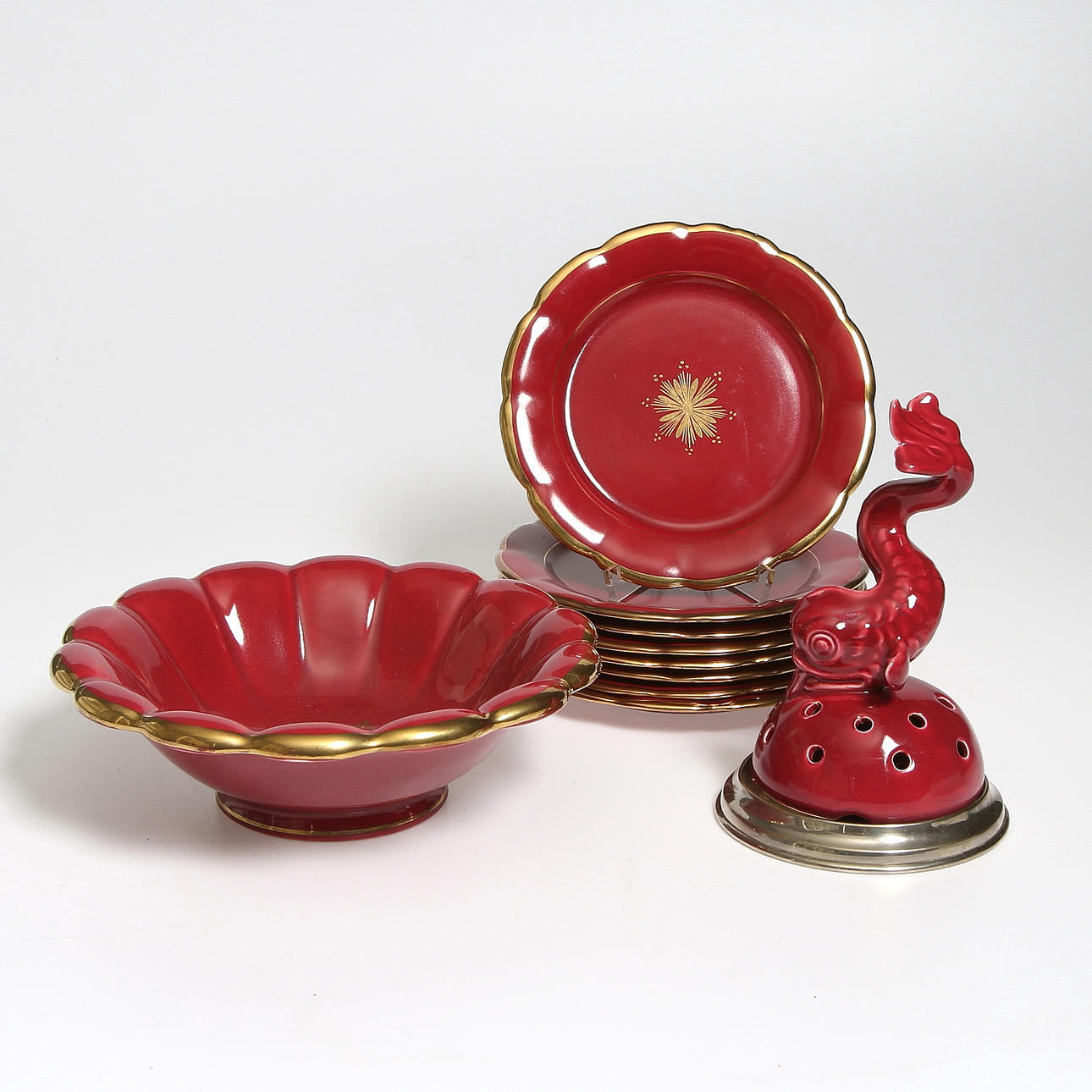 SERVISDELAR, 9 delar, "Röd rubin", Art Deco, Arthur Percy, Gefle.