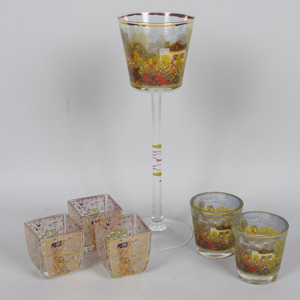 LJUSHÅLLARE, 6 delar, glas, Goebel, motiv av Klint och Monet.