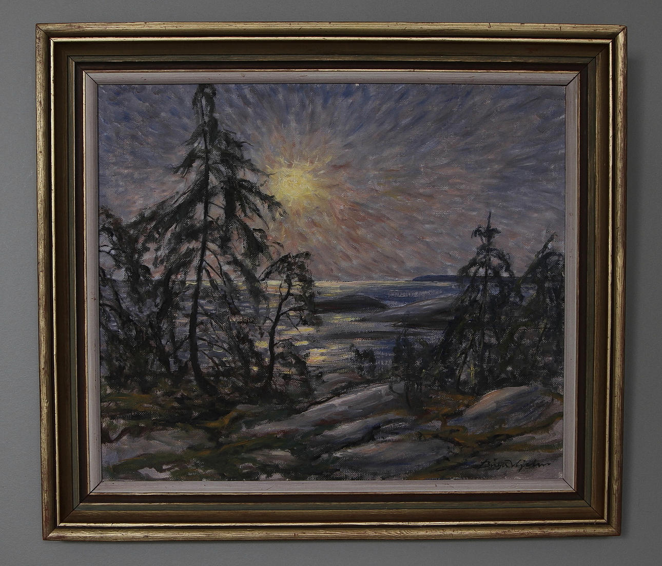 BIRGER HJELM. Solnedgång vid sjö Småland, olja på pannå, signerad Birger Hjelm.