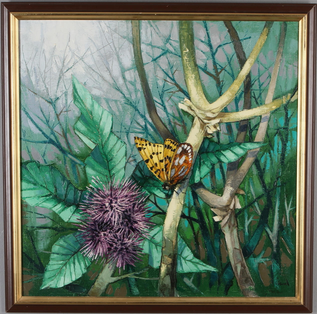 ULF ÅLUND. "Storfläckig pärlemorfjäril", olja på duk, signerad.