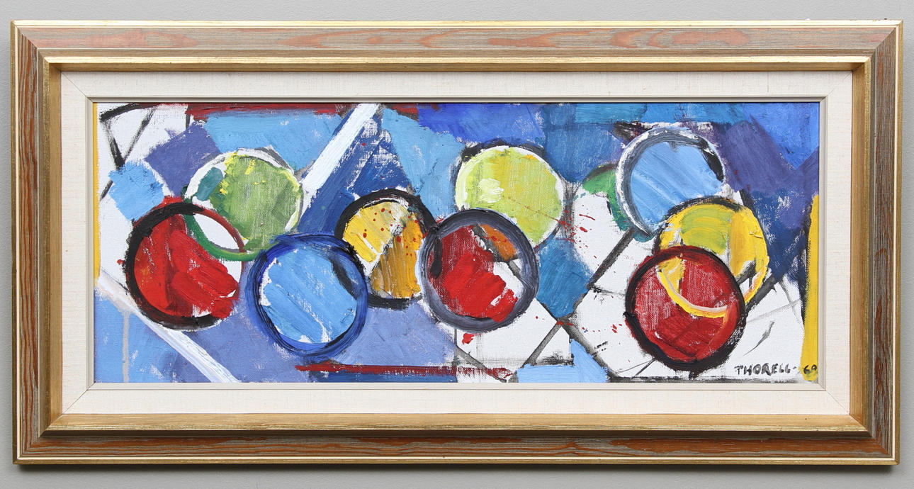 PÄR THORELL. Komposition i blått, rött och gult. Olja på duk. Signerad och daterad -69.
