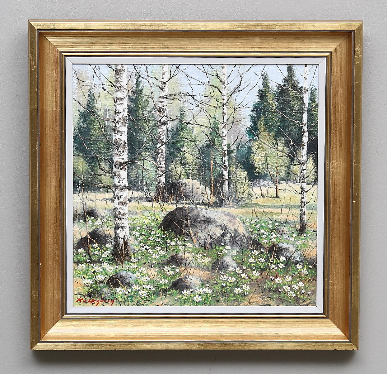 KARL ERIK HAGBERG. björklandskap med vitsippor, olja på duk, signerad ke Hagberg.