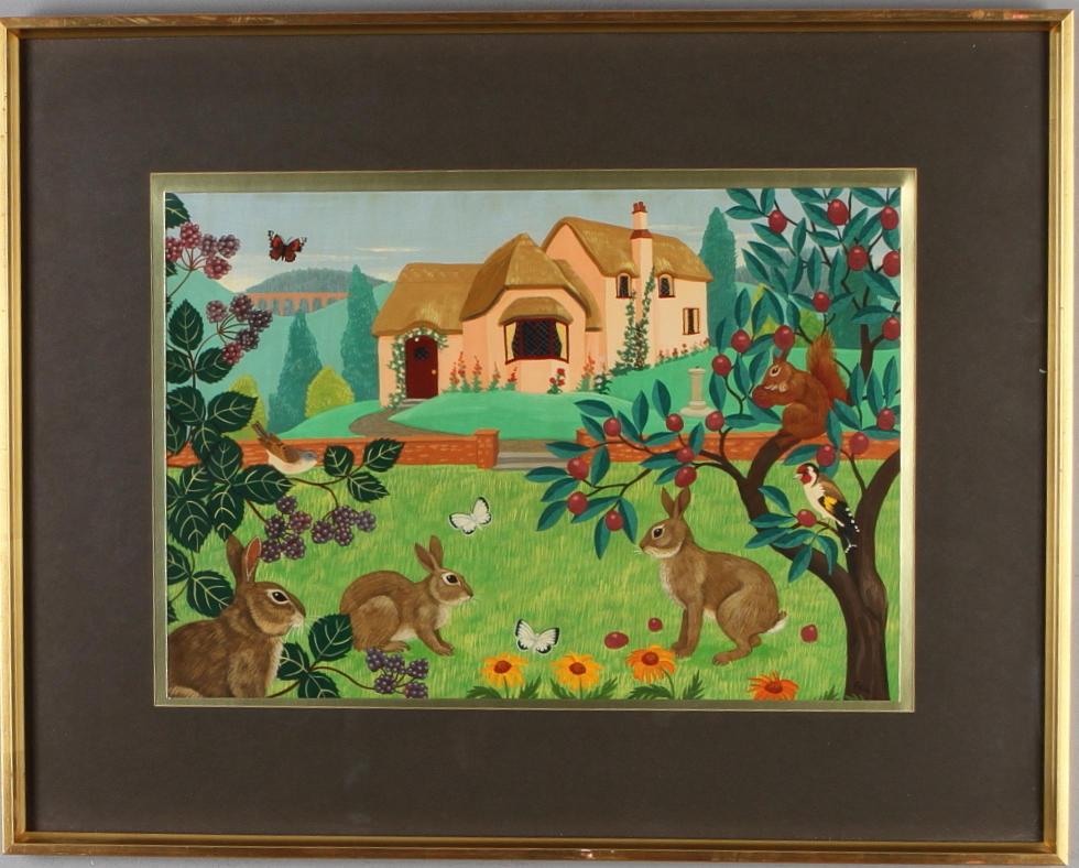 SYLVIA EMMONS. "Hararna leker i trädgården", gouache, signerad Sylvia.