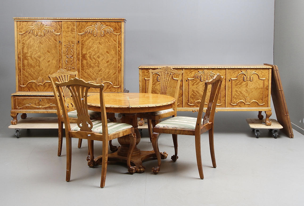 MATSALSMÖBEL, 7 delar, Chippendale-stil, 1900-talets första hälft.