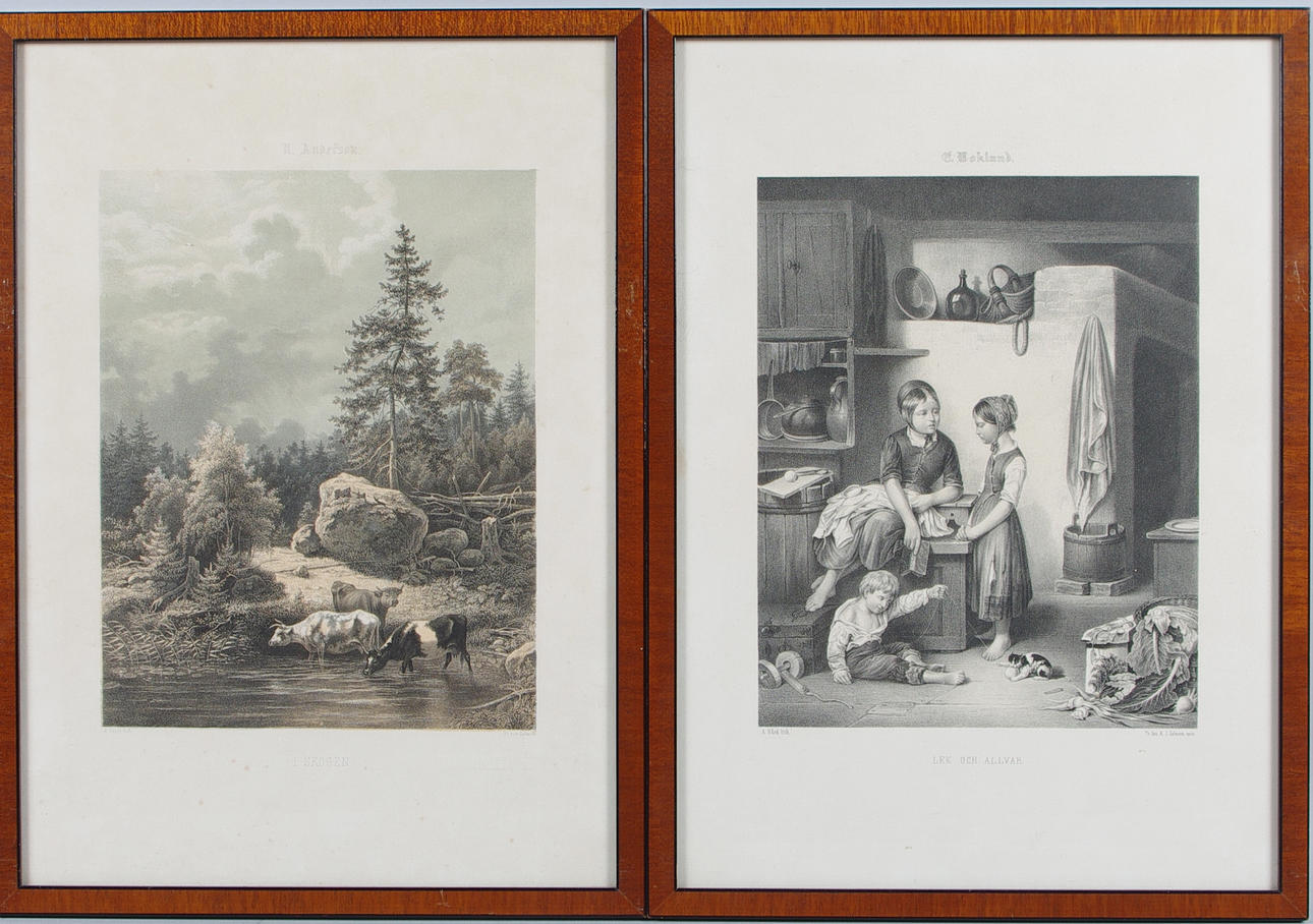 ÄLDRE TRYCK, 2 stycken, "Lek och alvar" samt "I skogen".