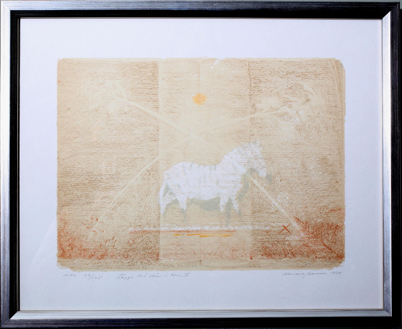 MARIANA MANNER. "Lägger två strån i kors II", färglitografi, n:o 29/125, signerad Mariana Manner.