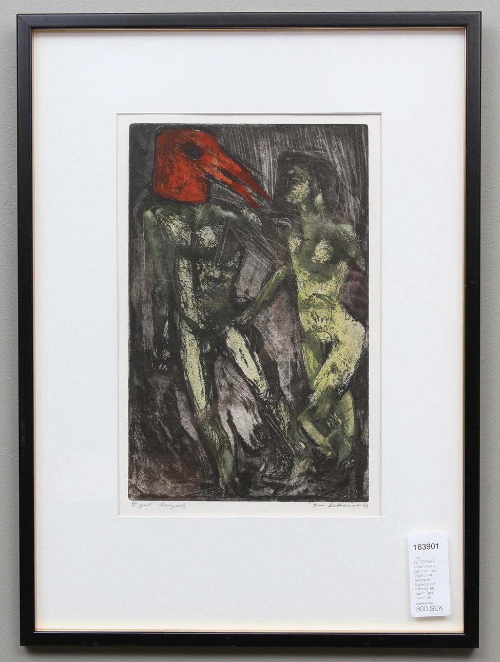 EVA ZETTERVALL. Naken kvinna och man med fågelhuvud. Seriegrafi. Signerad och daterad -89 samt "Eget tryck".