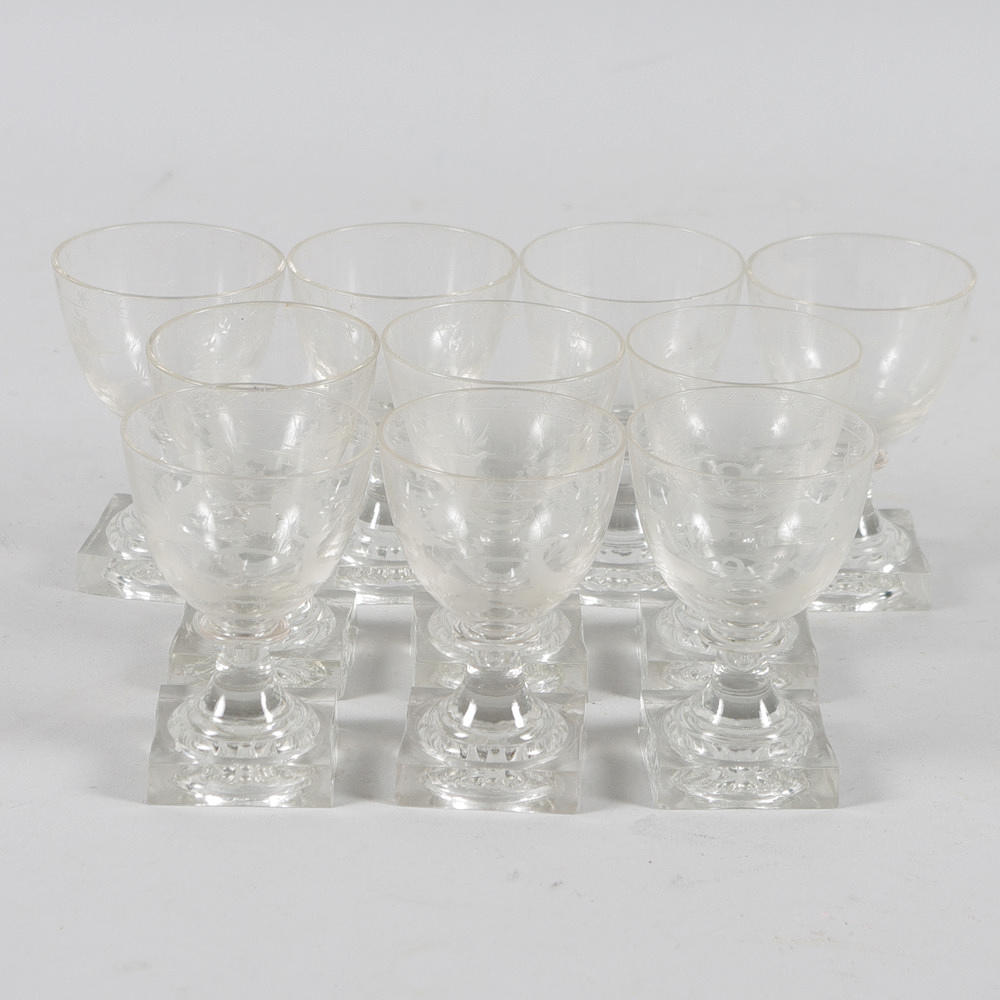 STARKVINSGLAS, 10 stycken, etsad dekor med fyrkantig fot.