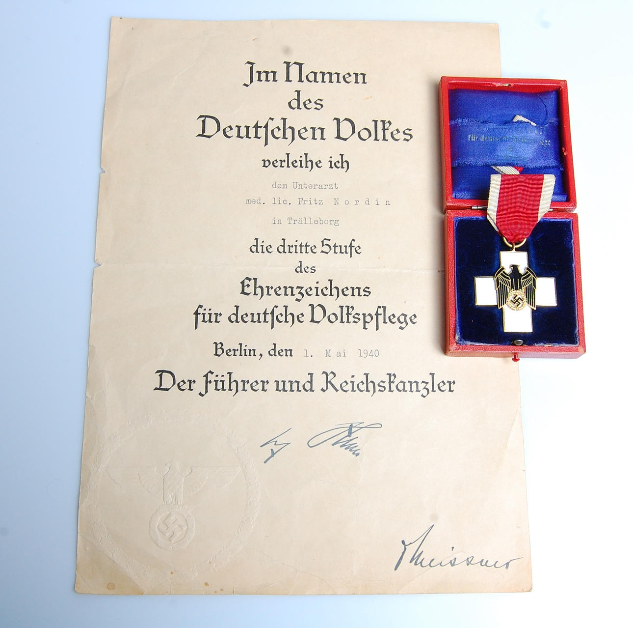 MEDALJ, DIPLOM, Tyska rikets hederstecken, Berlin 1 Maj 1940.