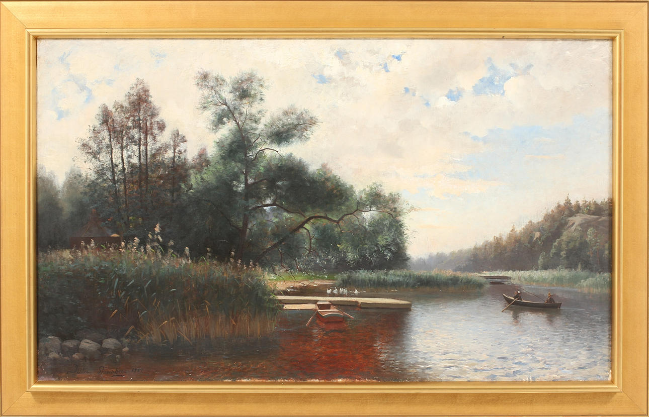 JULIA STRÖMBERG. Insjölandskap, Olja på duk, signerad och daterad 1884.