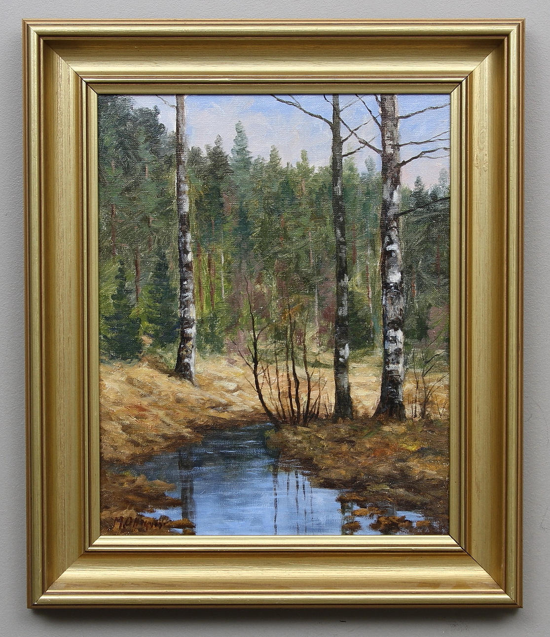 MAGNE OHLQVIST. Skogslandskap med bäck och björkar. Olja på duk. Signerad.
