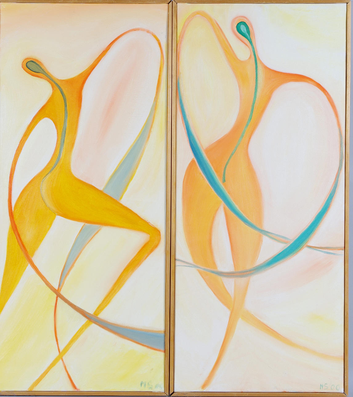 OIDENTIFIERAD KONSTNÄR. 2 oljemålningar på duk, figurkompositioner, monogramsignerade M.S.