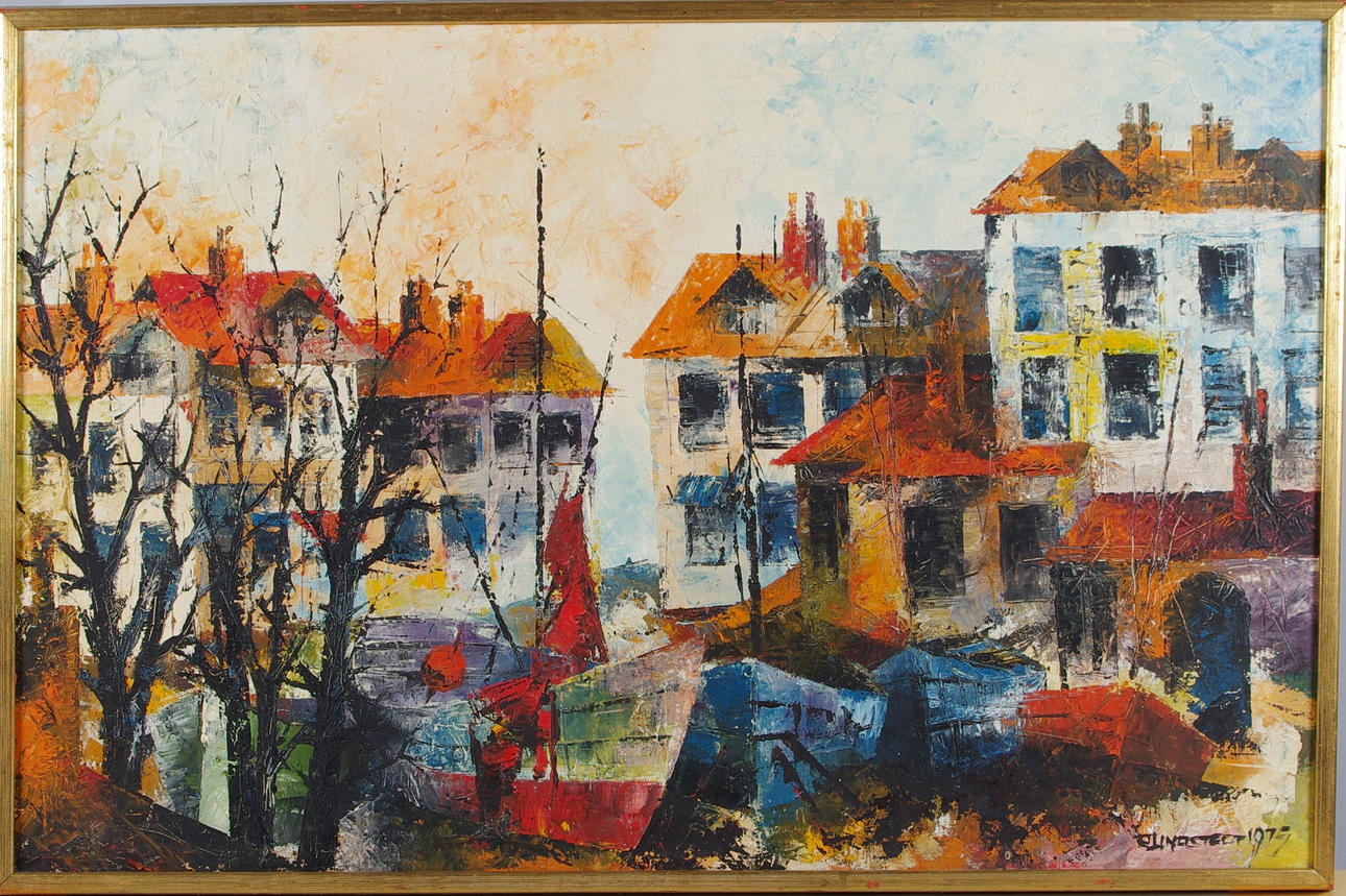 R. LINDSTEDT. Hamnmotiv, olja på duk, signerad 1975.